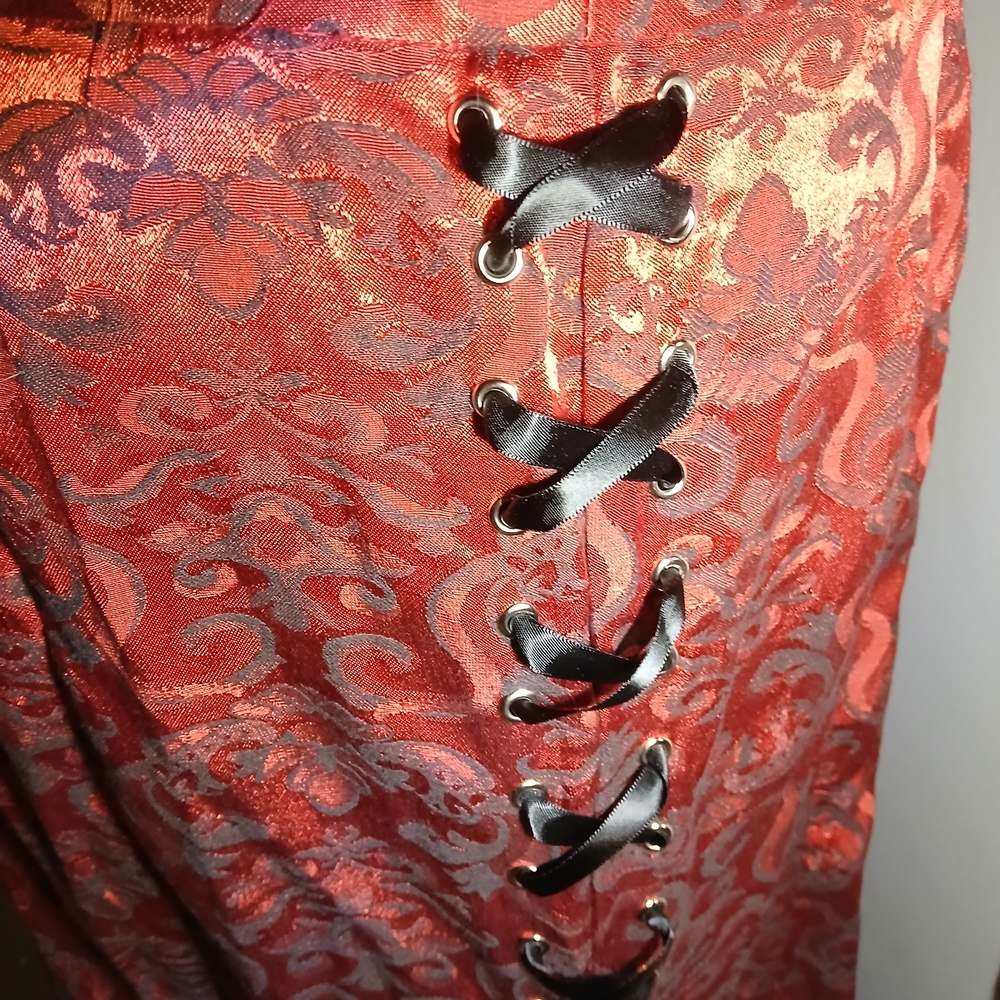 Luxurious Red Brocade Maxi Skirt with Black Ribbon Details - Picture 6 of 7